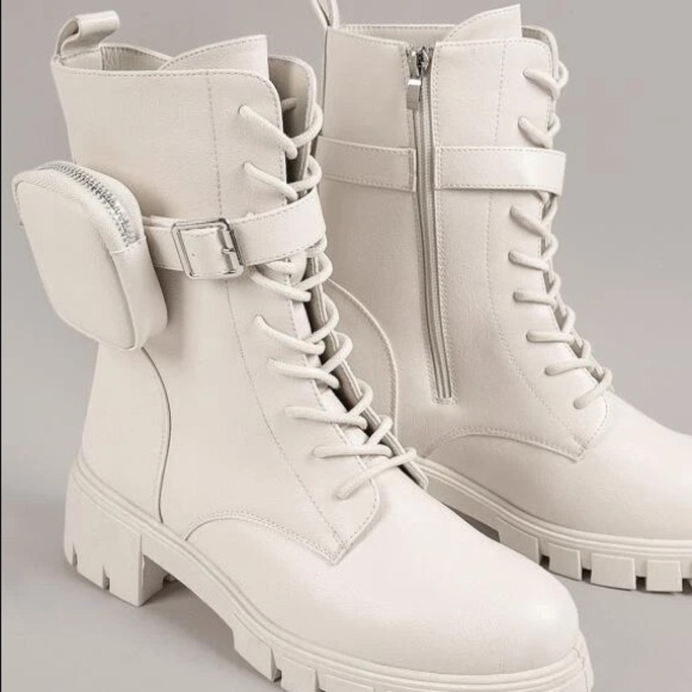 cream combat boots with buckled bag / pouch